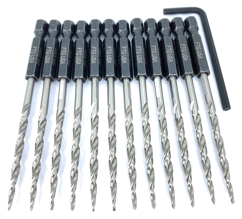 FTG USA 12Pc #6 (9/64") Replacement Countersink Drill Bit Set Tapered Bits