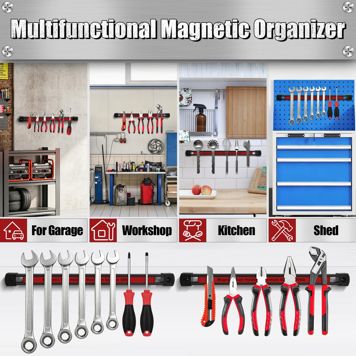 UEUNPBR Double Sided Magnetic Tool Holder, 12 Inch Heavy Duty Ultra Strong Magnetic Tool Bar, Wall Mount Magnetic Tool Strip for Garage, Workshop, Jobsite, Kitchen, Tool Organizer Storage (2 Pack)