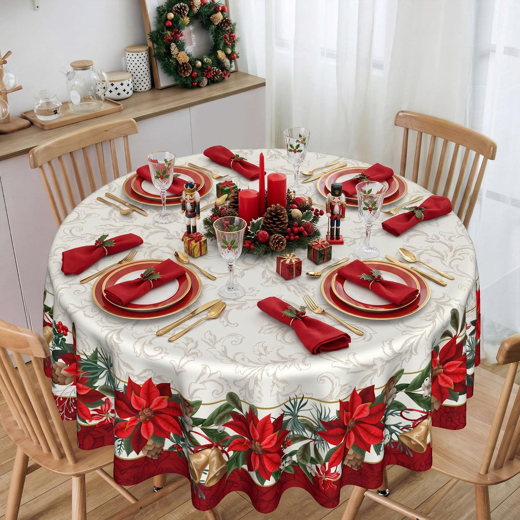 Christmas Poinsettia Tablecloth 70 Inch, Vintage Red Floral Bell Pine Cone Round Table Cover, Xmas Border Design