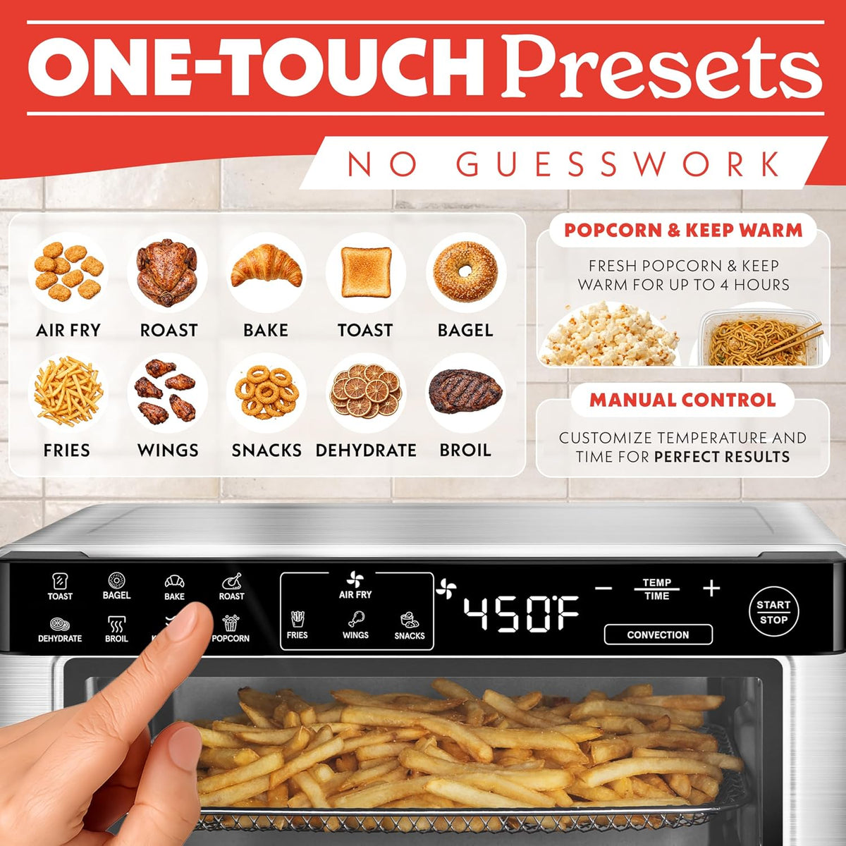 Toaster Oven Air Fryer - 4 Slice Capacity, Single Door, Digital Display, Air Fry, Toast & Dehydrate, Convection