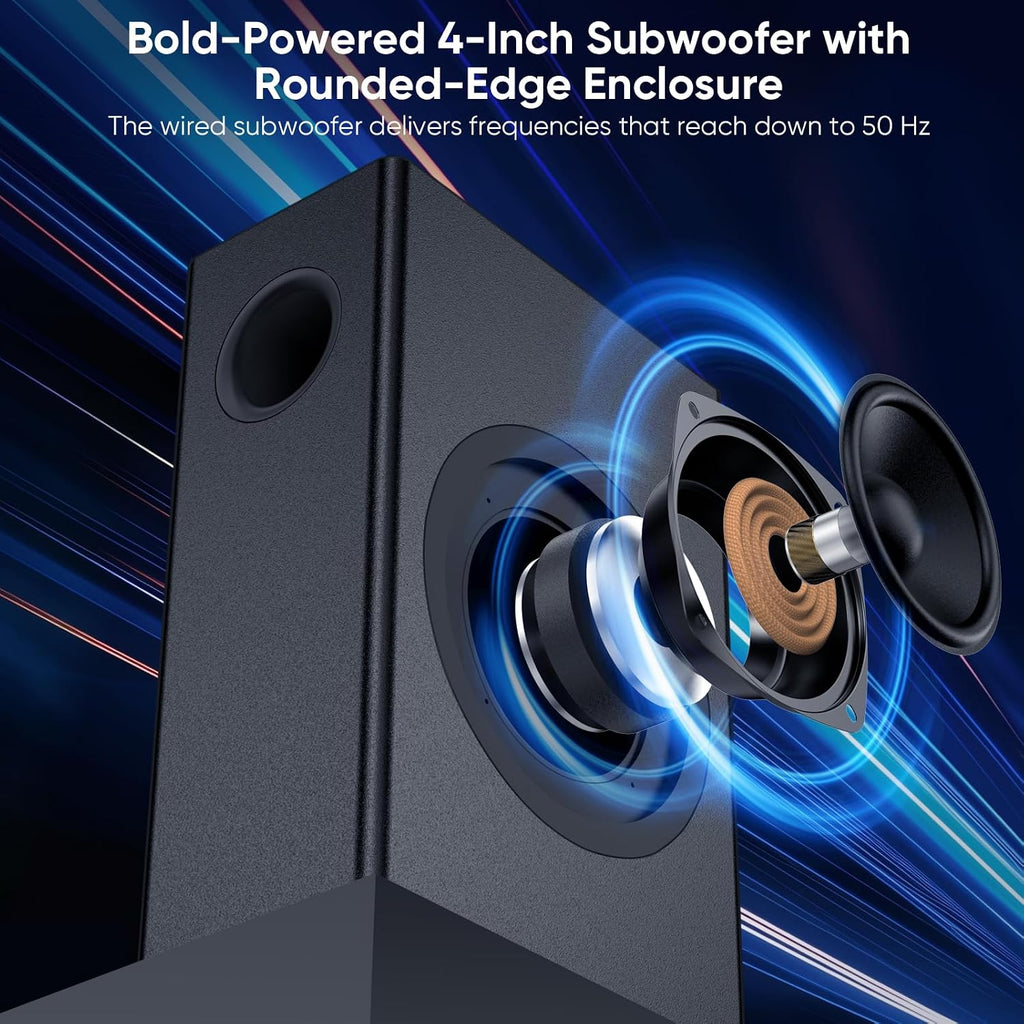 Soundbar with Subwoofer, 14.2" Compact Soundbar, 4" Subwoofer, 70W | 2.1 Audio Enhanced Surround Sound System for TV