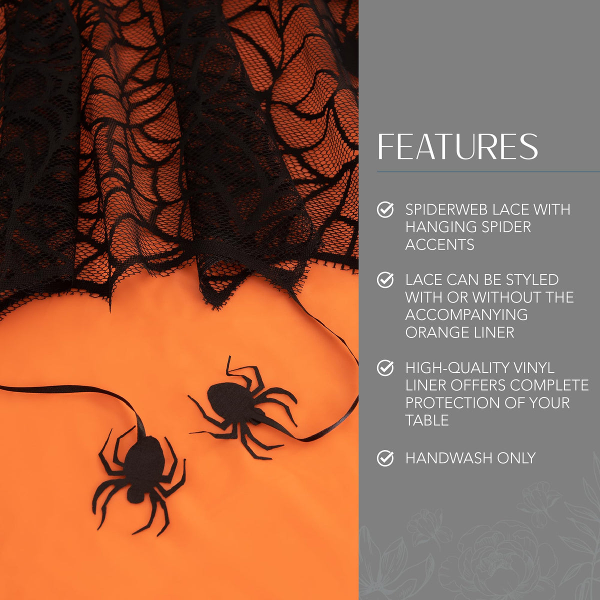 Crawling Halloween Spider Lace Lined Tablecloth, Black - 60" W x 84" L