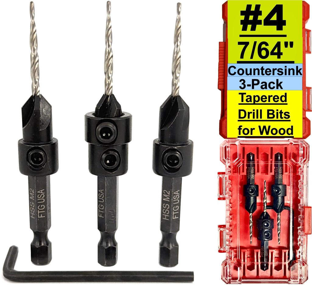 FTG USA 3-Pk #4 (7/64") Countersink Drill Bit Set, 1 Stop, 1 Wrench & Case