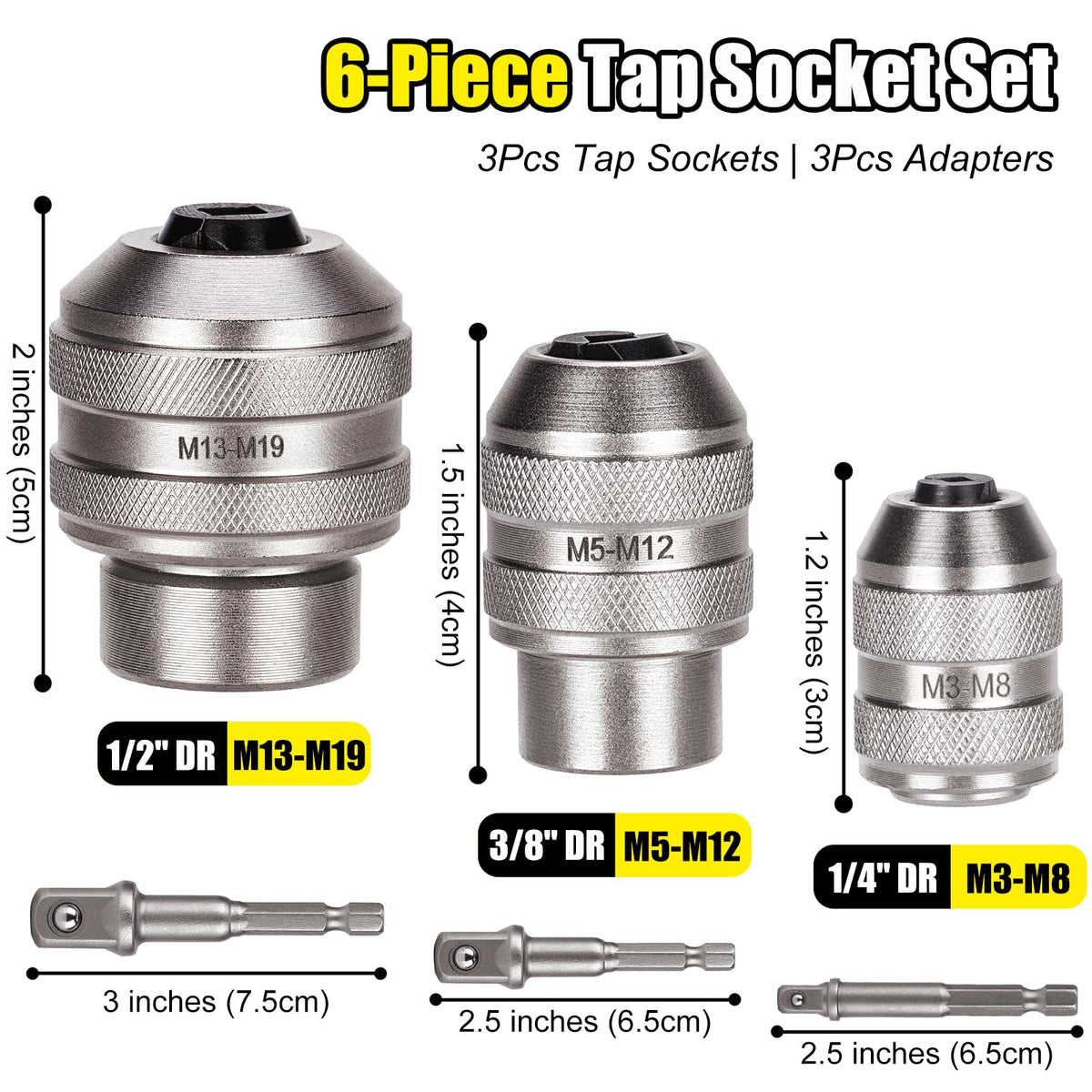 Topec Tap Sockets 6PCS, 1/4" 3/8" 1/2" Drive Tap Socket Set, M3-M19 Socket