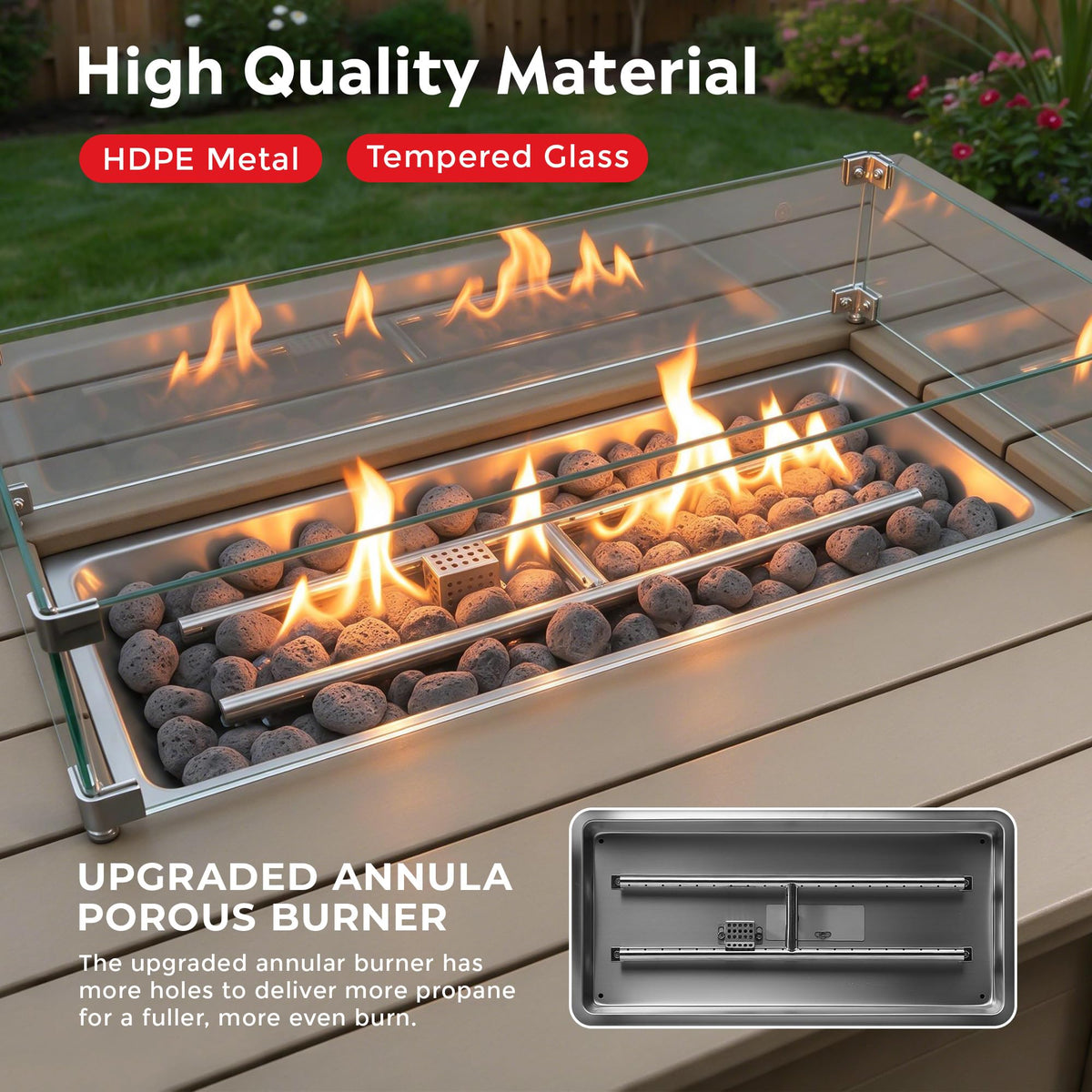 46" Modern Backyard Patio Rectangular Gas Propane Fire Pit Table (Rocks Not Included), Weathered Wood