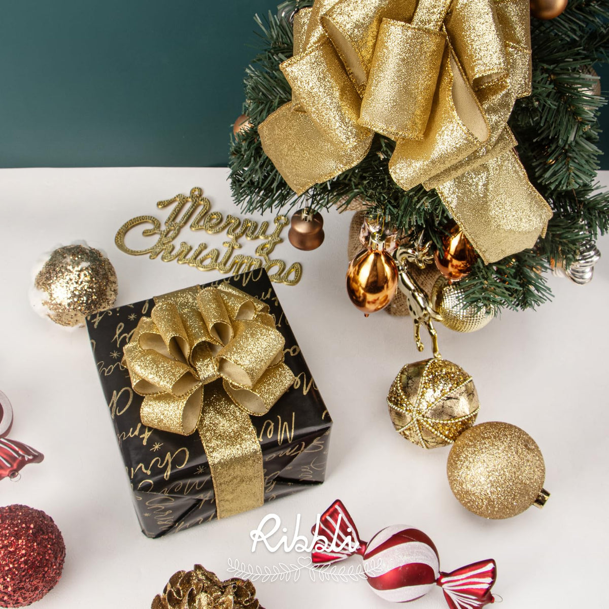 Gold Glitter Wired Ribbon,Gold with Metallic Edge,Christmas Ribbon for Wreath, Christmas Tree Decoration, Gift