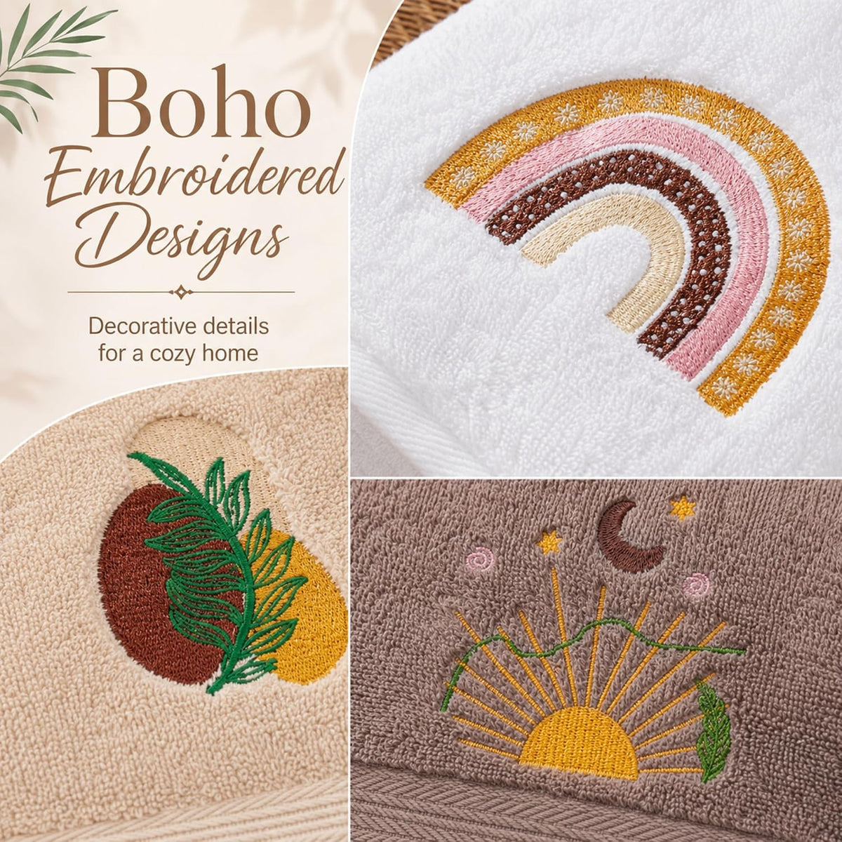 6 Pack Boho Bath Towels Set, Rainbow Beige