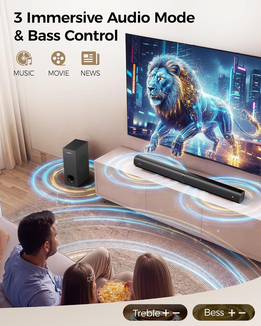 Soundbar with Subwoofer for TV, Home Theater Bluetooth 5.3 Speaker System with 2 Wireless Karaoke Mics, Surround