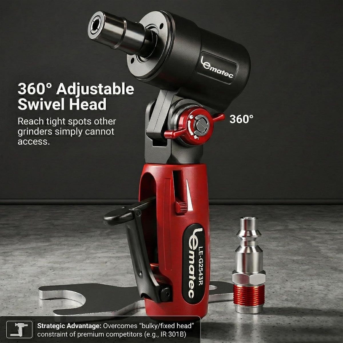 Pneumatic Die Grinder, Adjustable 90 Degree Air Angle Tool | 20000 RPM, swivel head, 1/4 collet, metal grinding