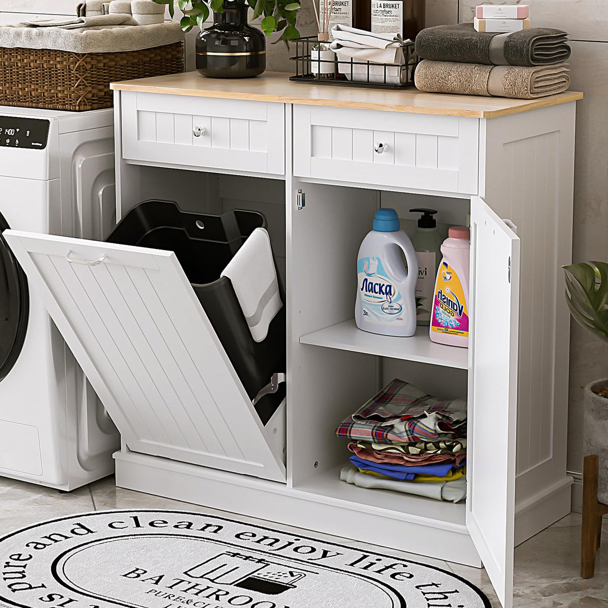 13 Gallons Tilt Out Trash Can Cabinet Hidden Kitchen Trash Can, White