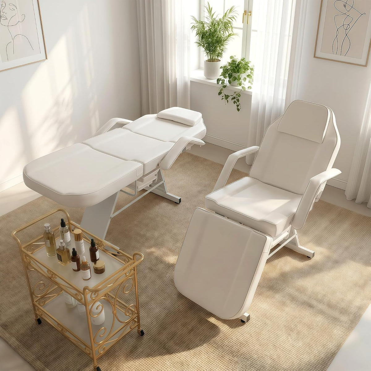 Esthetician Bed Tattoo Chair for Artists w/ 2Tray&Rolling Stool