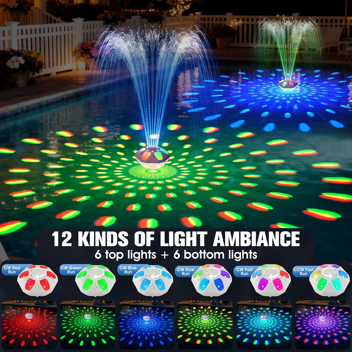 Pool Fountain with Remote,9000mAh Large Floating Pool Fountains with Lights | Above Ground Pool Water Fountain with