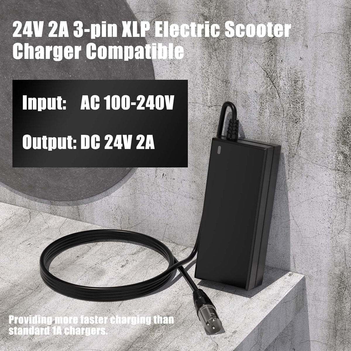 24V 2A 3-pin XLR Electric Scooter Charger Compatible with Go-Go Elite Traveller, Pride Mobility, Jazzy Power Chair Charger & Plus Ezip Mountain Trailz
