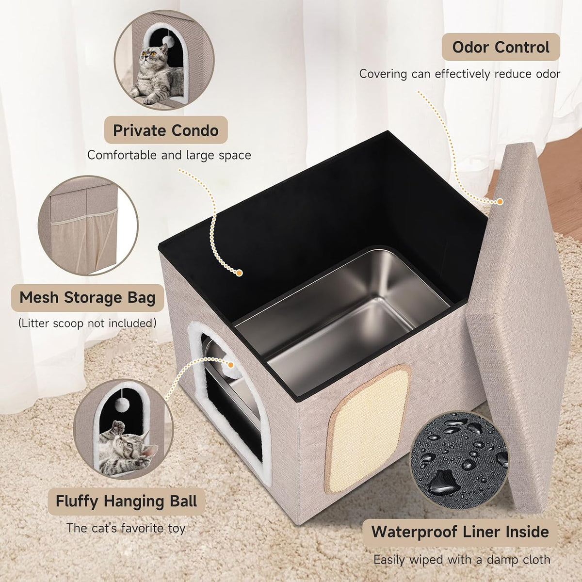 Hidden Cat Litter Box Enclosure with Scratch Pad & Storage Bag Beige