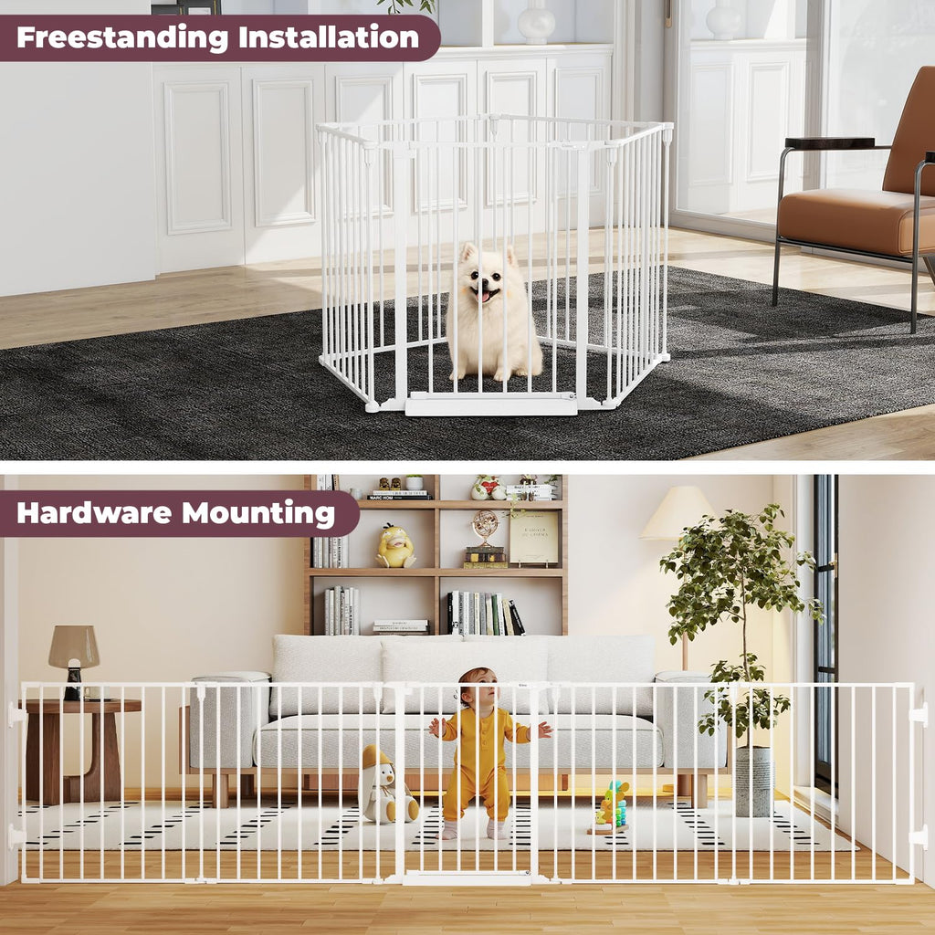 127.5" Wide Heavy-Duty Metal Fireplace Hearth & Christmas Tree Safety Fence Gate with Configurable Panels for Indoor Hearth, Stove & Holiday Tree Protection