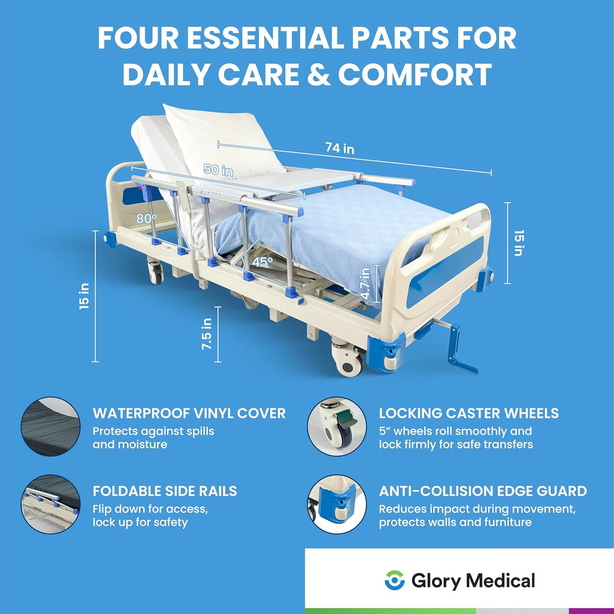 GloryMEQ Point A Tech PAM‑3SE Semi‑Electric Hospital Bed – 3‑Function Adjustable Home‑Care Bed with Bedside Controls
