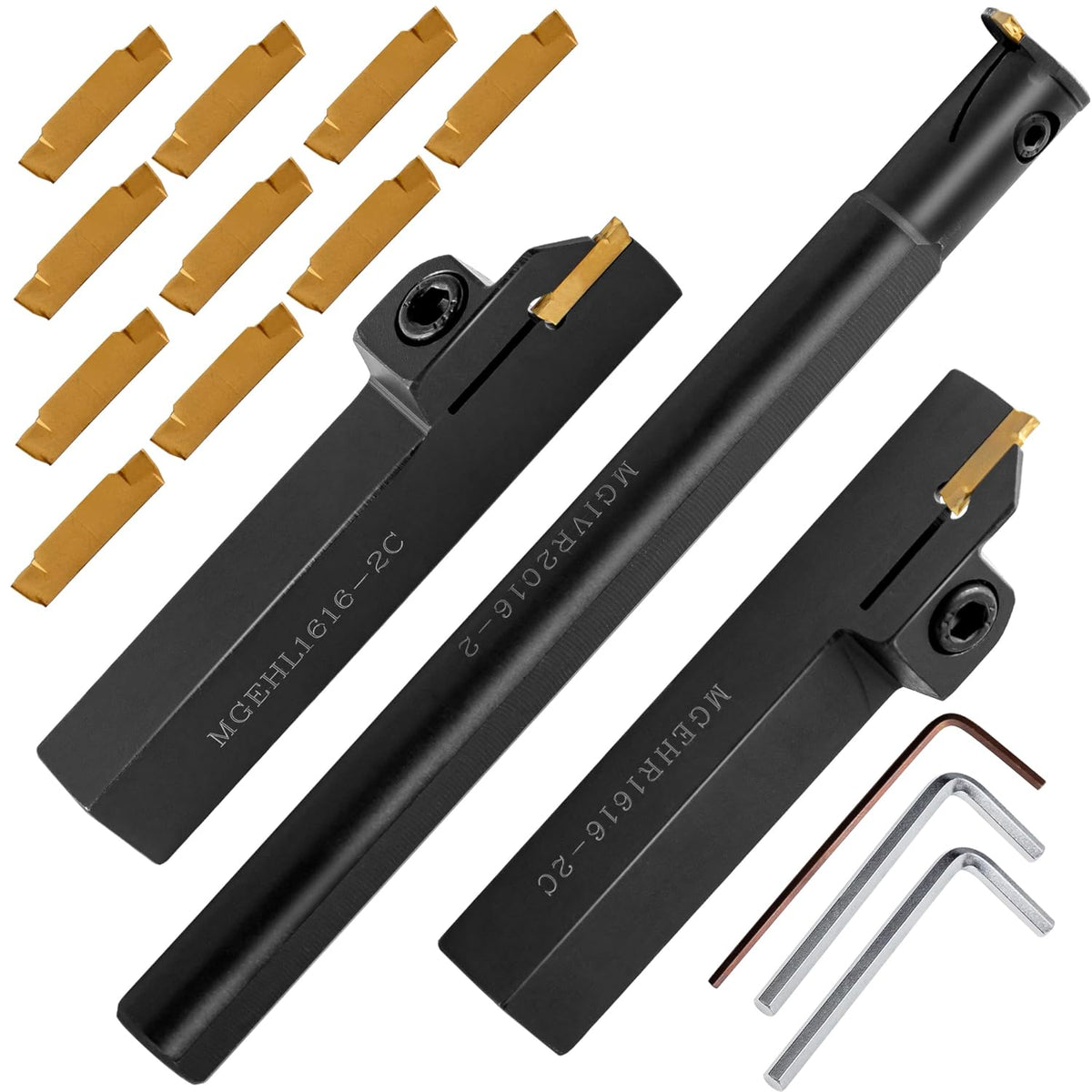5/8" Large Shank Lathe Grooving & Part-Off Set (3pcs), Internal & External Deep Grooving, 10pcs TiN Coated MGMN200 Inserts, Extra-Rigid Nitrided Stability