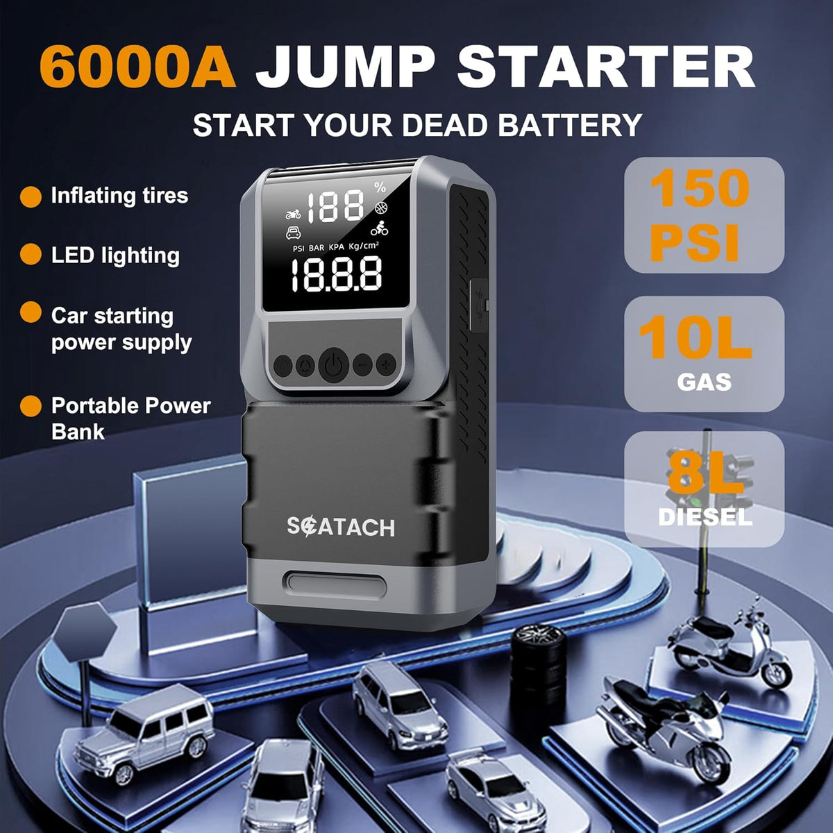 Jump Starter with Air Compressor, 6000A 150PSI Car Battery Jump Starter (10.0 Gas/8.0L Diesel) Battery Jumper Starter