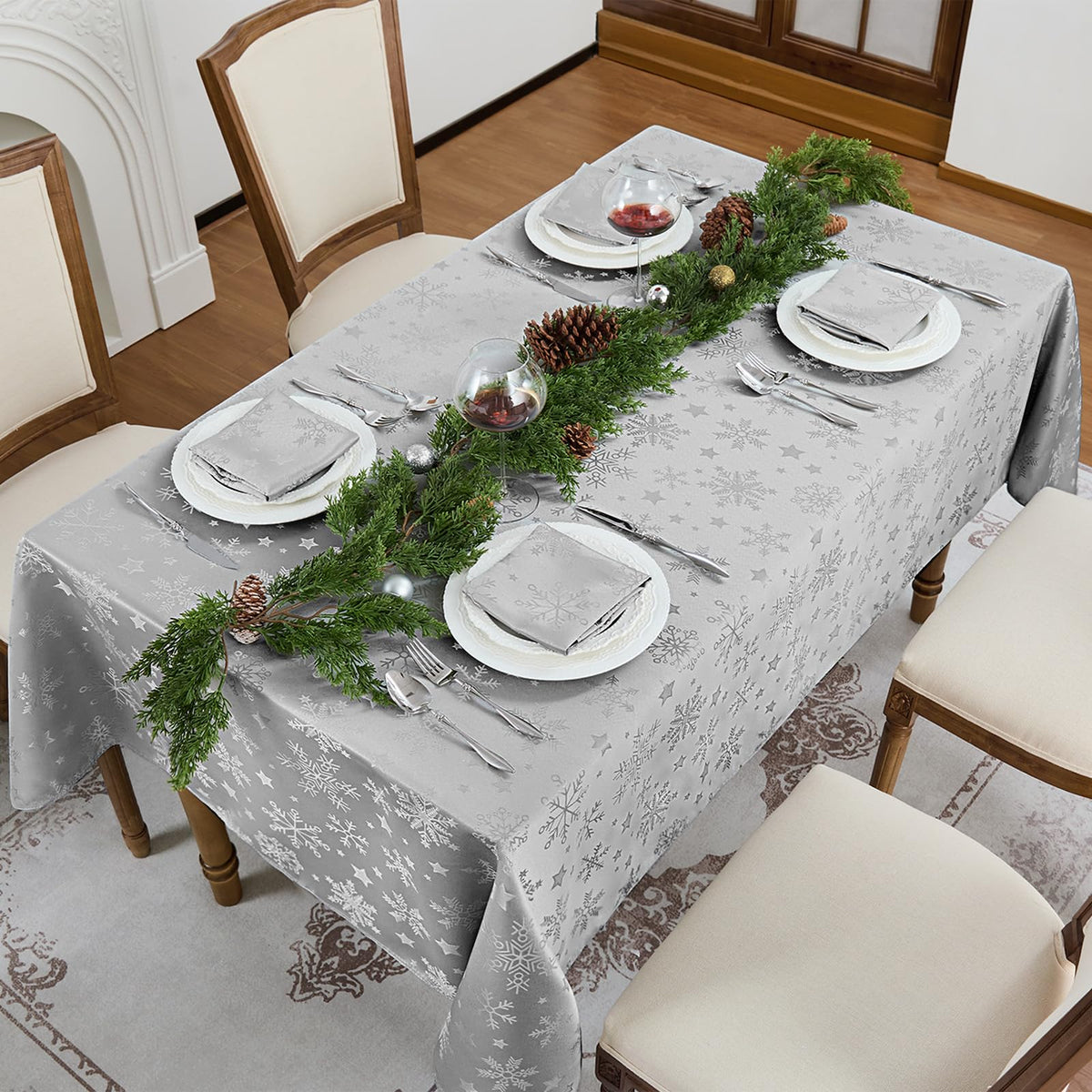 Silver Christmas Jacquard Rectangle Tablecloth with Snowflake