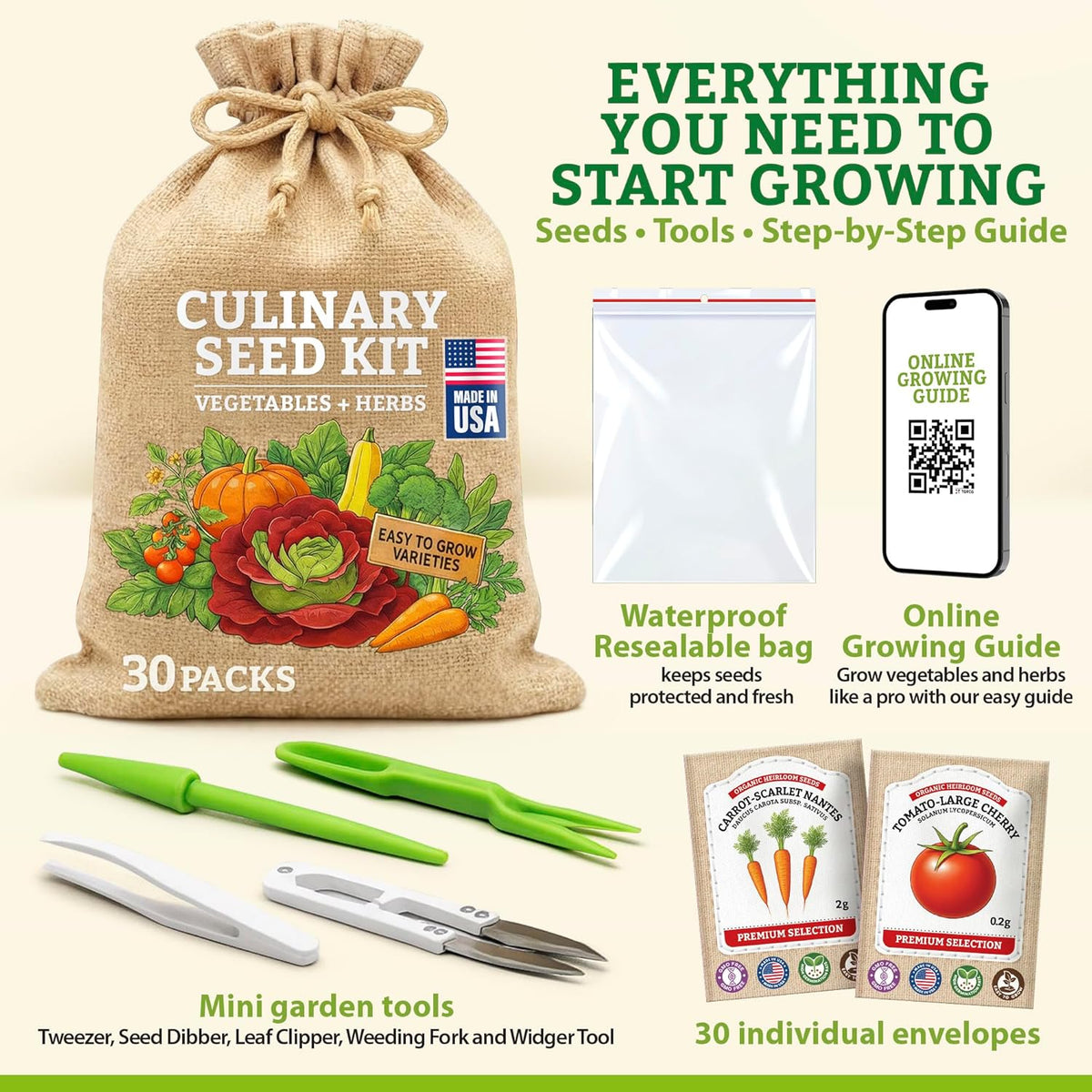 Culinary Vegetable & Herb Seeds Variety Pack - 30 Heirloom Non-GMO Garden Seeds for Planting, Seed Kit with Tools