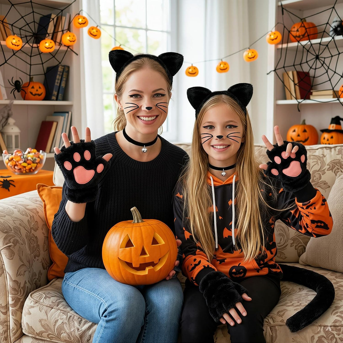 Black Cat Costumes, Cat Ears Headband Tail Paws Gloves Collar Set