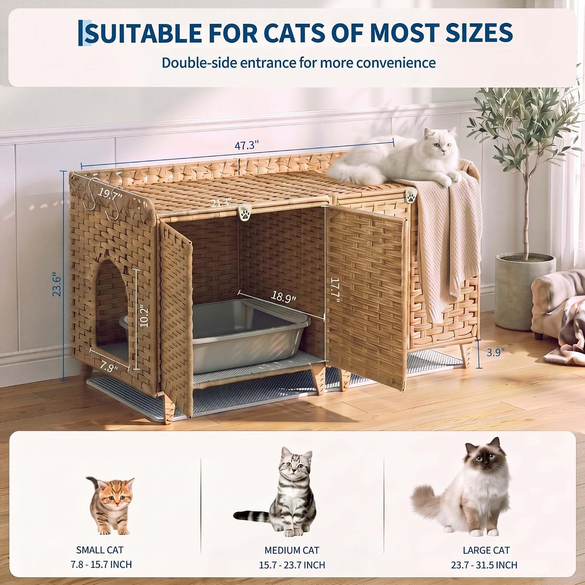 Cat Litter Box Enclosure for 2 Cats, PE Rattan