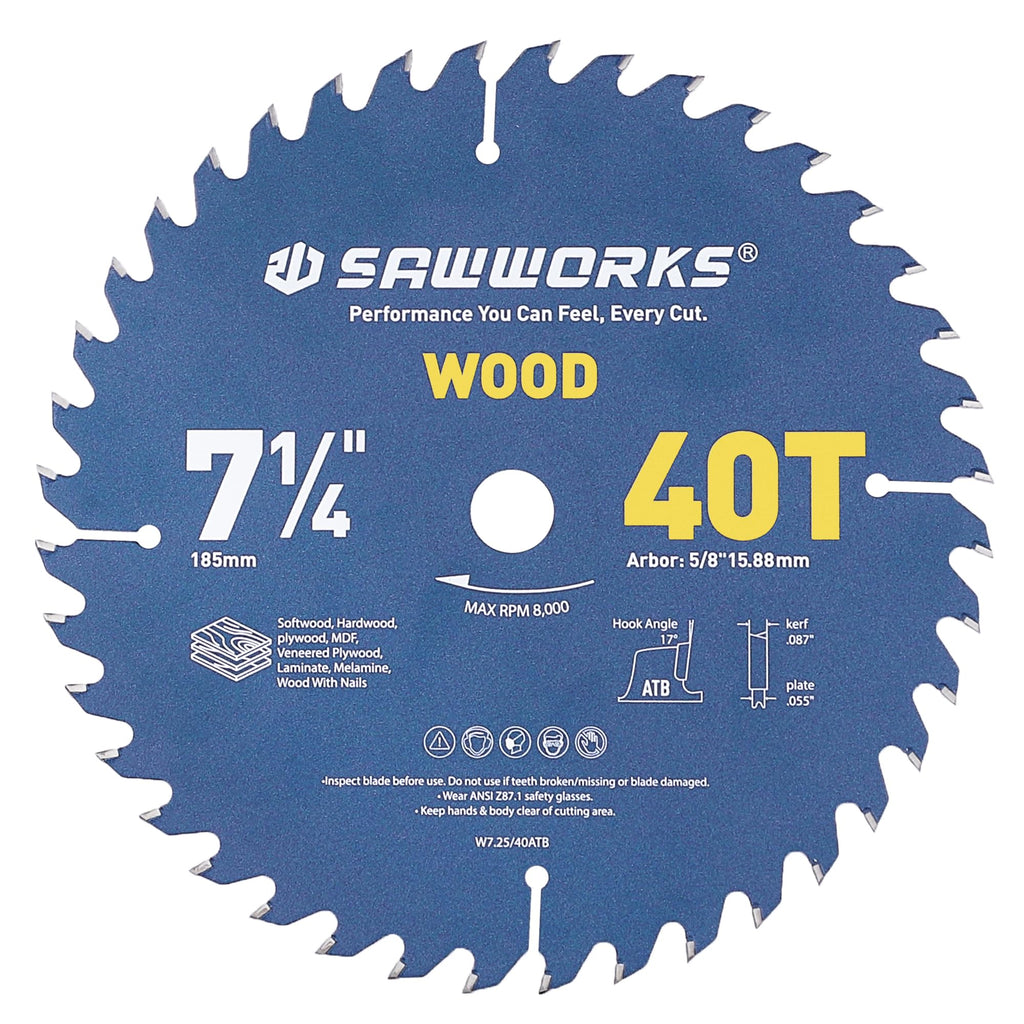 SawWorks 7-1/4" 40T Thin Kerf Circular Saw Blade General Woodworking