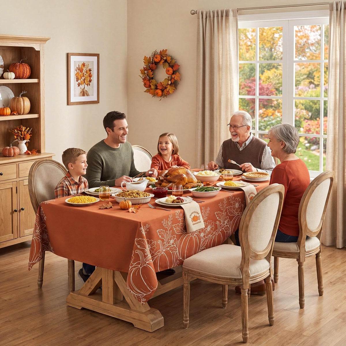 Large Fall Tablecloth Rectangle 60x104 inch, Faux Linen Autumn Table Cloths with Maple Leaves & Pumpkin, Water