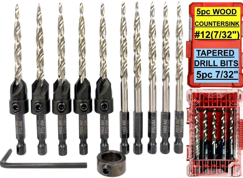 FTG USA 5 Pc #12 (7/32") Countersink Drill Bit Set with 5 Replacement Bits