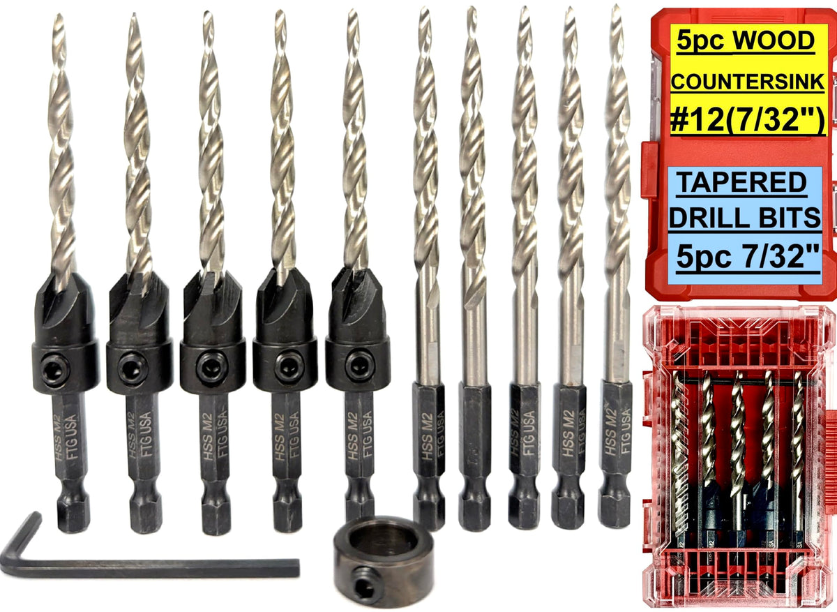 FTG USA 5 Pc #12 (7/32") Countersink Drill Bit Set with 5 Replacement Bits