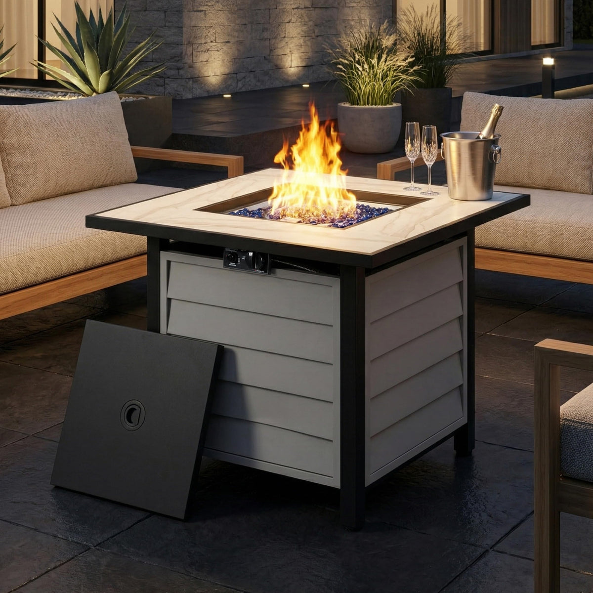 30" Outdoor Propane Fire Pit Table, 50,000 BTU Square Gas Fire Pit with Glass Beads, Lid, Marble Texture Glass