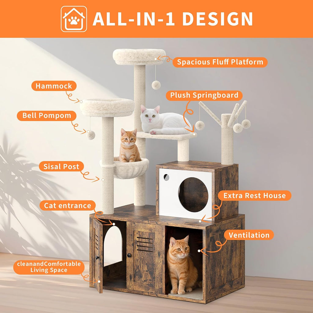 Hidden Cat Litter Box Enclosure with Tree Tower and Condo - 55 Inch Multi-Level Cat Condo with Soft Plush