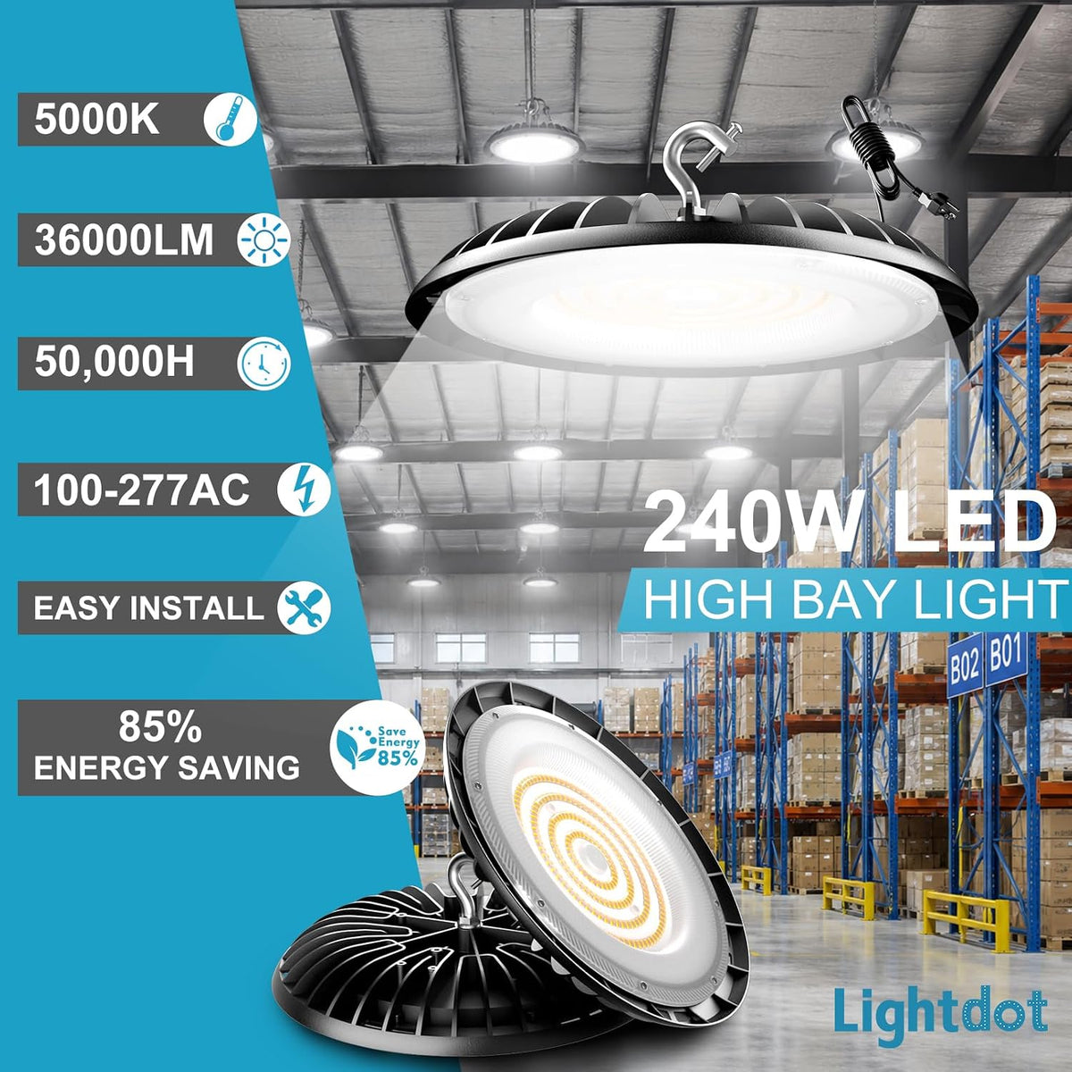 Lightdot 240W LED High Bay Lights, Plug & Play UFO Lights for Garage
