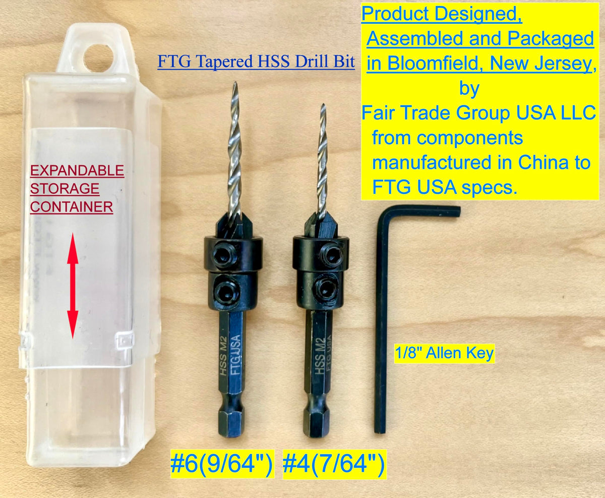 FTG USA #4#6 Tapered Countersink Drill Bit Hex Shank Set with Depth Stops