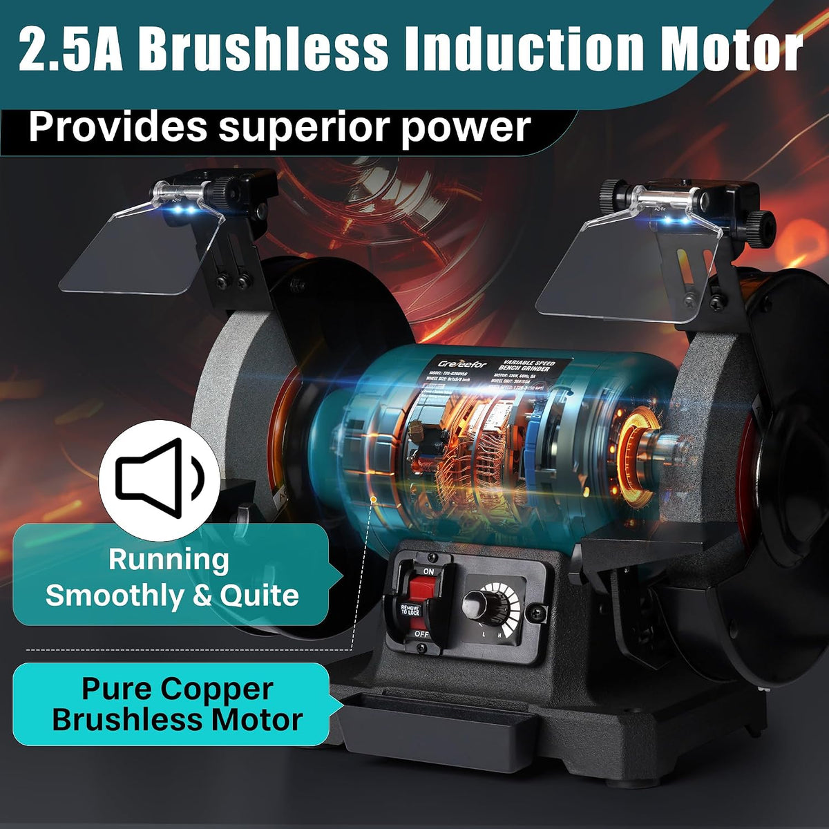 6-Inch Variable Speed Bench Grinder with Grinding Wheel Dresser, 1725–3450 RPM 2.5 Amp Brushless Induction Motor, LED