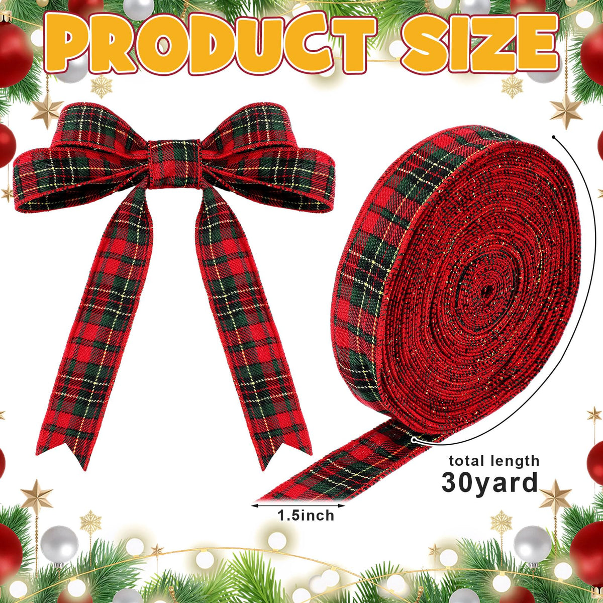 Christmas Wired Ribbon 1.5 Inch 30 Yard Tartan Plaid Ribbons