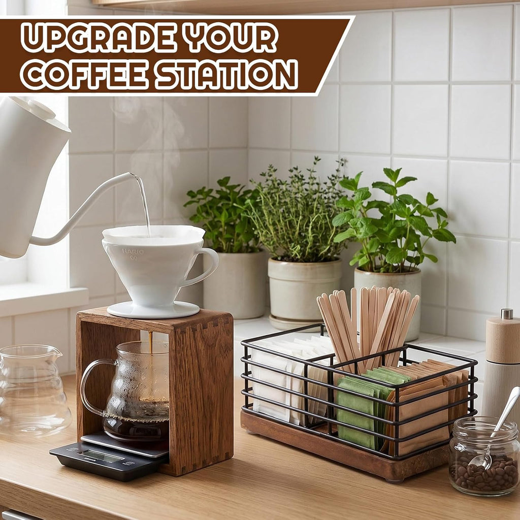 Sugar Packet Holder for Coffee Bar, 3 Slot, Wood Wire, Rustic Black