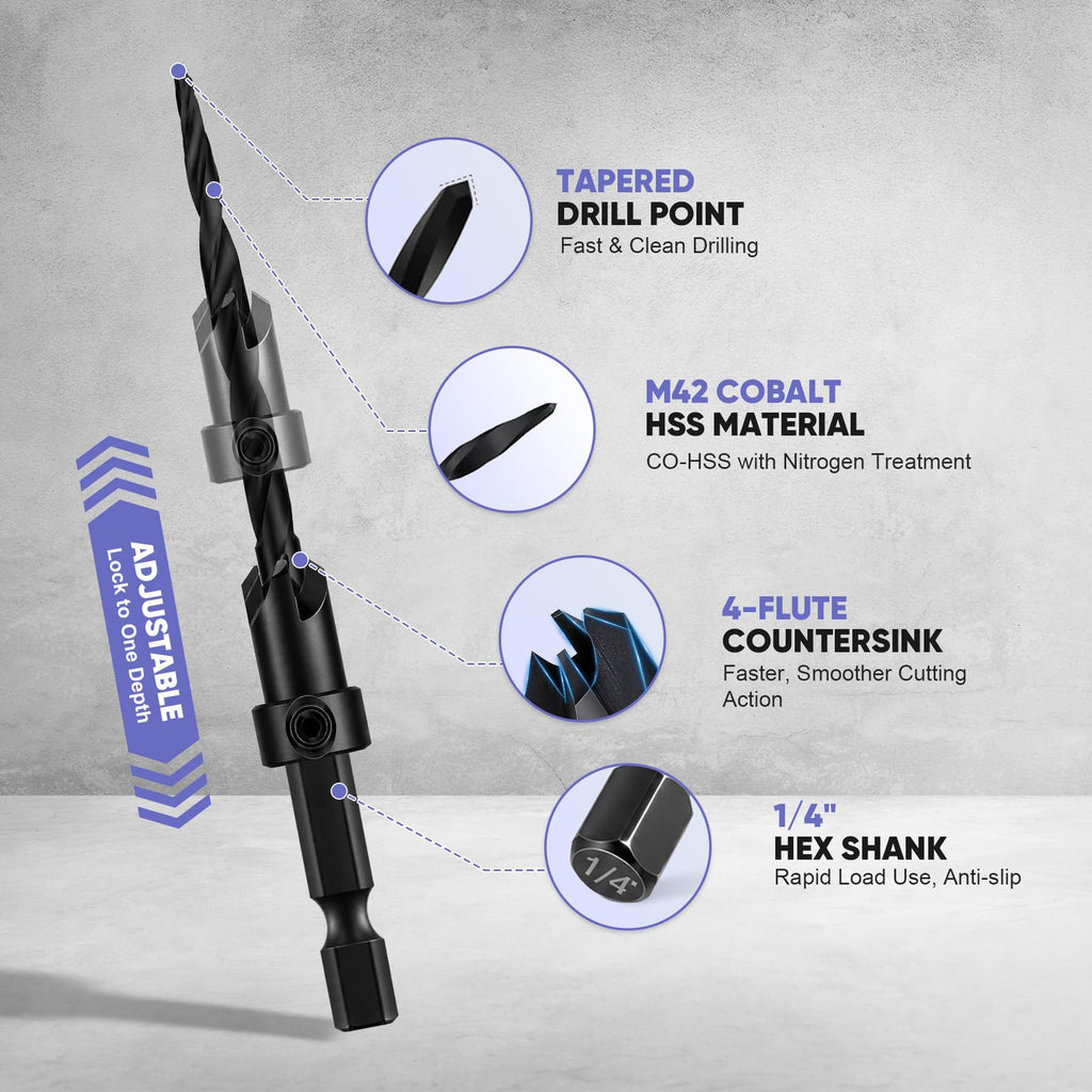 Countersink Drill Bit Set 22PCS with 20 Wood Plugs & 80 Screws for Wood
