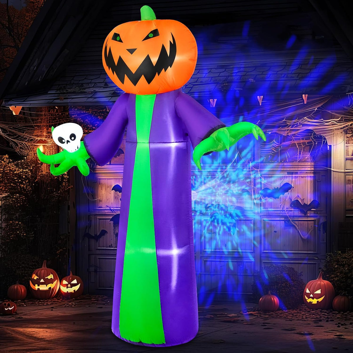 8FT Halloween Inflatables Outdoor Decorations, Inflatable Pumpkin Reaper Halloween Decorations Holds Skull Blow Up