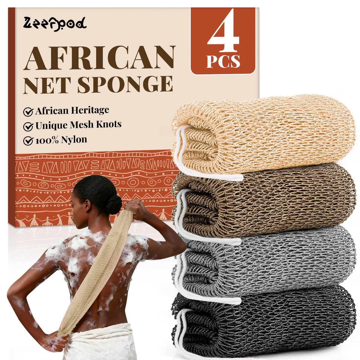 African Net Sponge Authentic-4 Packs African Exfoliating Net Sponge,Bath Sponges for Shower,42 inch Long for Normal