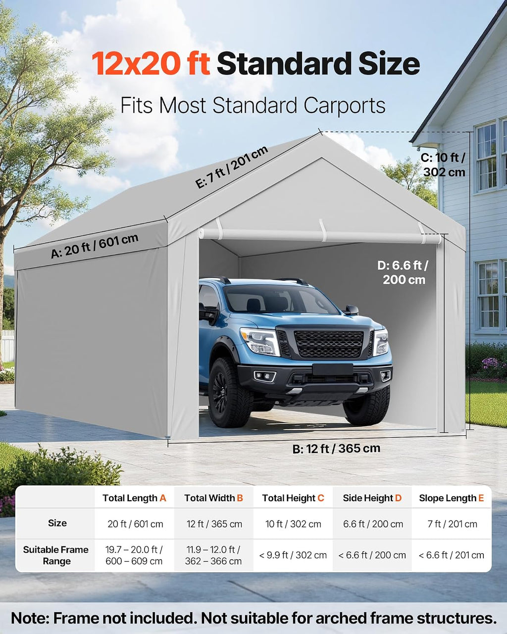 Carport Replacement Canopy Cover, 12 x 20 ft Potable Garage Tent Top Tarp with Sidewalls, UV-Resistant & Waterproof
