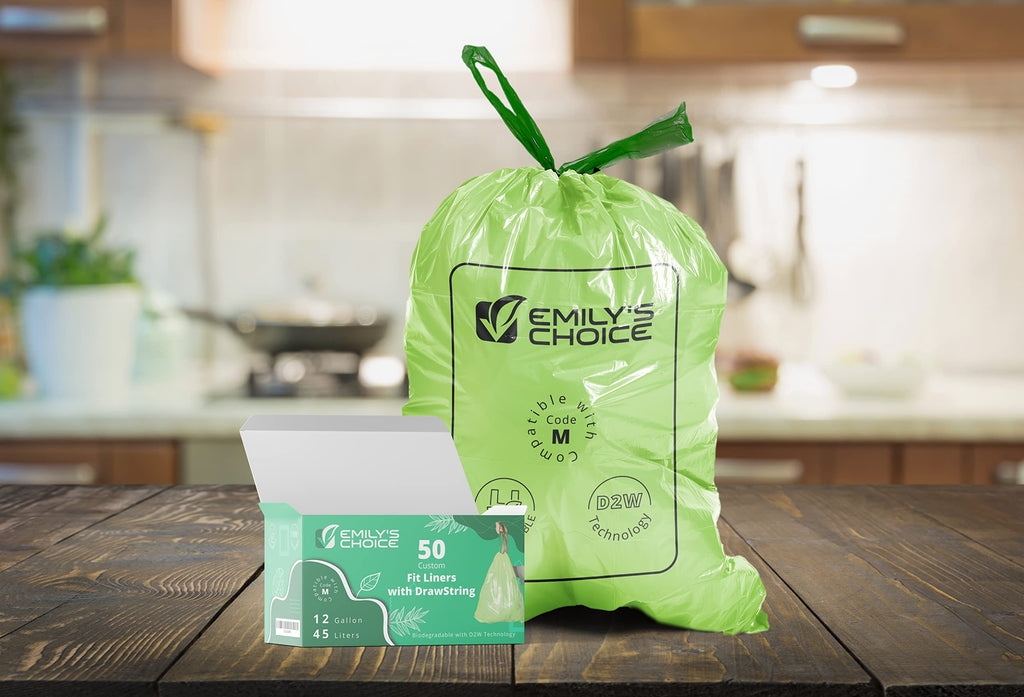 Heavy Duty Biodegradable Trash Bag Code M (50 Count)with D2W Technology, Custom Fit Trash Bag compatible with