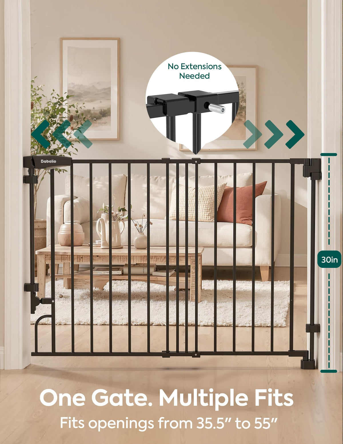35.5-55" x 30" H Adjustable Hardware/Pressure-Mounted Pet & Child Safety Gate with Dual-Lock Walk-Through Swing Door for Stairs, Hallways & Wide Doorways — Black