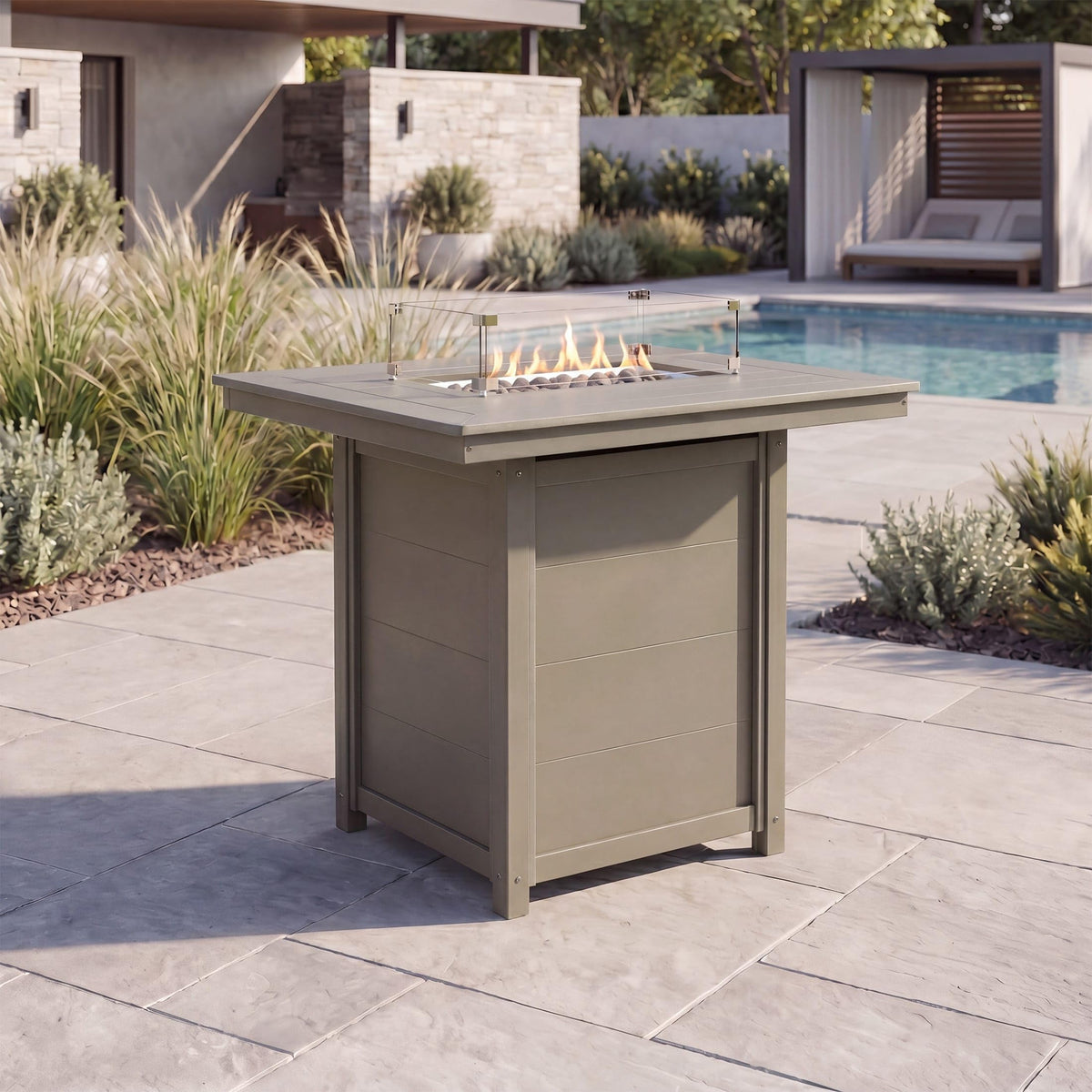 46" Modern Backyard Patio Rectangular Gas Propane Fire Pit Table (Rocks Not Included), Weathered Wood