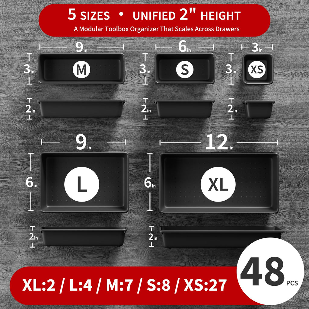 【48PCS & 5 Sizes】 Tool Box Organizer Tray, Toolbox Drawer Organizer with Non-Slip Pads, Desk Drawer Divider Set, Fits