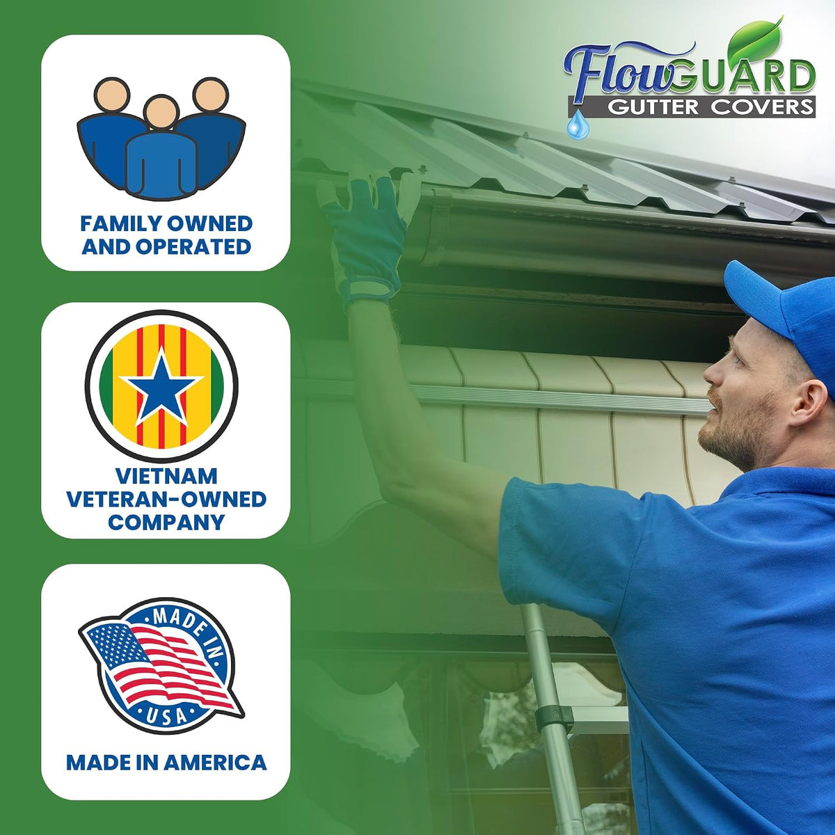 FlowGuard USA Made Professional DIY 5 Inch High Clearance 50-Year Gutter Cover System - White - Aluminum Gutter