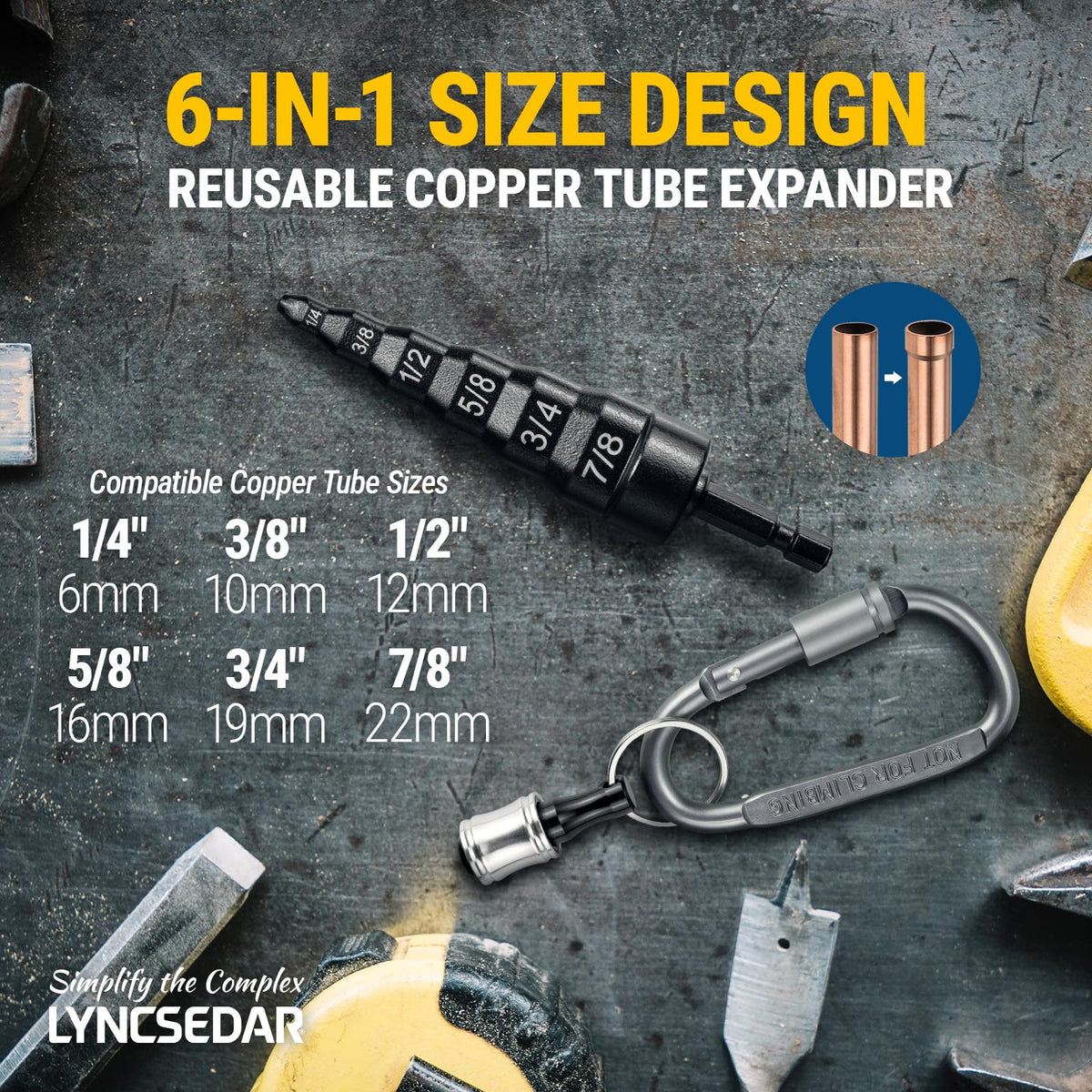 LYNCSEDAR 6-in-1 Copper Swedge Tool HVAC, Black Soft Tube Expander, Carbon Steel, Bit Holder, No.8 Flat Carabiner, Swaging Tool Set for Drill, Swage Repair Kit for 1/4 3/8 1/2 5/8 3/4 7/8 Pipe