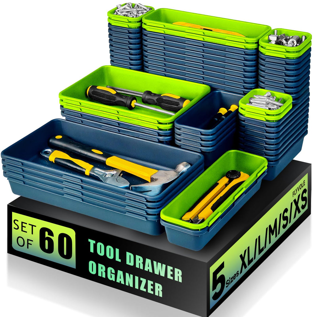 Tool Box Organizer Tray, 60 PCS & 5 Sizes, Blue and Green