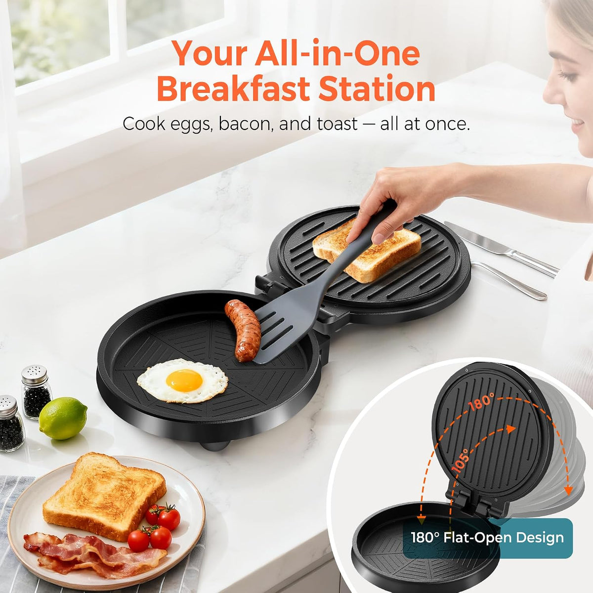 3-in1 Electric Griddle Nonstick & Sandwich Maker with On/Off Switch