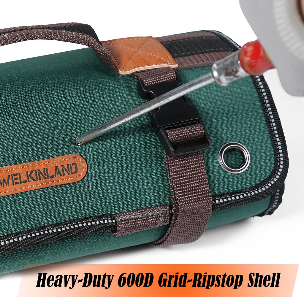 15-Pocket Tool Roll - Heavy-Duty, Green-RipStop, 15L Capacity